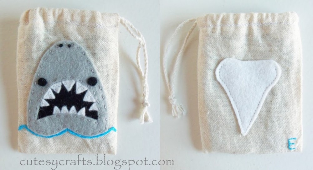 Muslin Tooth Fairy Bags with Shark Embroidery Pattern