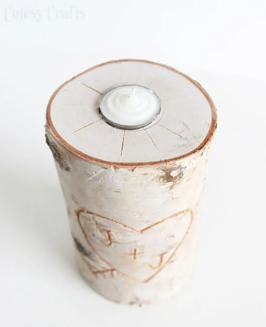 DIY candle holder made from a birch pillar.