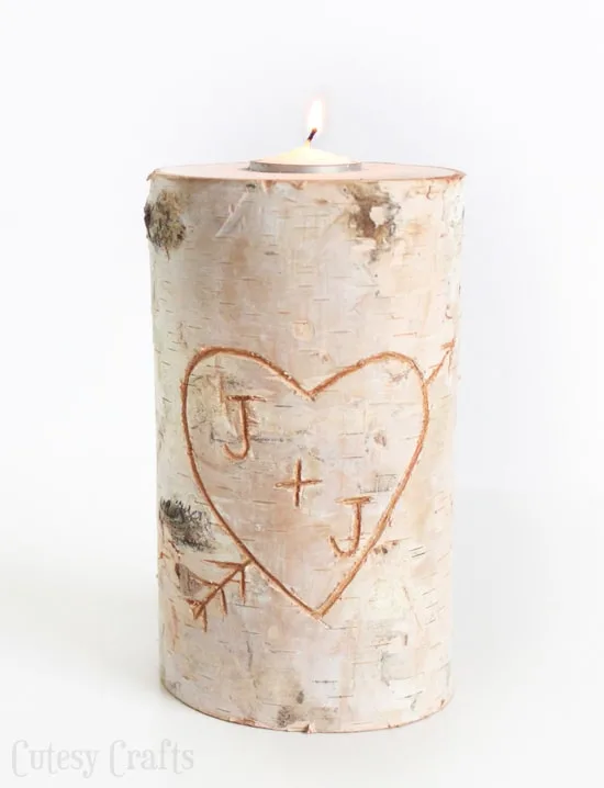 DIY candle holder made from a birch pillar.