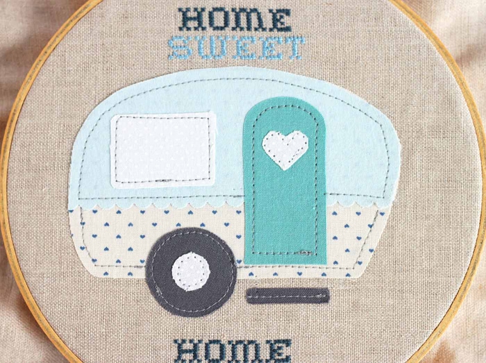 "Home Sweet Home" trailer embroidery hoop with free applique pattern.