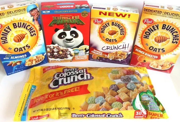 Post Cereal - Honey Bunches of Oats Cruch O's, Berry Colossal Crunch, Kung Fu Panda Cereal