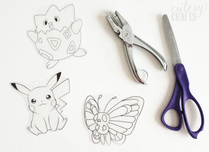 Pokemon Birthday Party Craft - Turn coloring pages into keychains with Shrink Film!