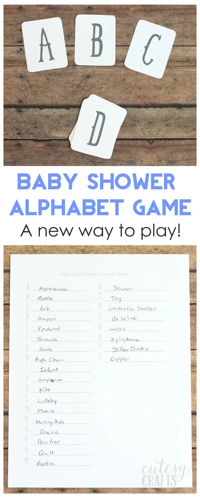 Free Printable Baby Shower Game - Alphabet Cards - Cutesy Crafts