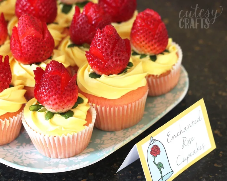 Beauty and the Beast Party Ideas - Strawberry Rose Cupcakes