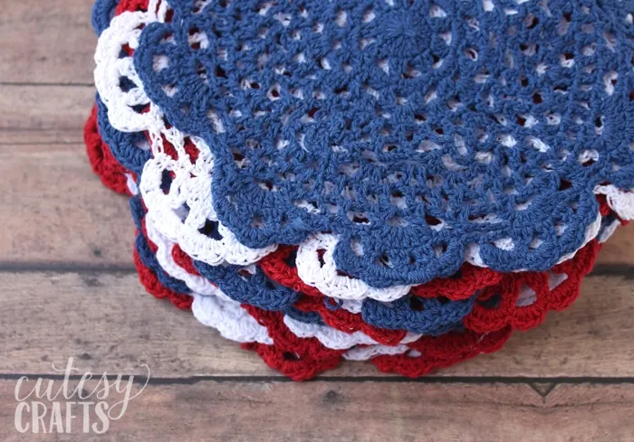 red, white, and blue doilies