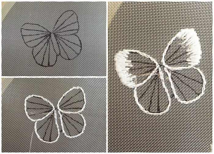 Long and short stitch butterflies on mesh.