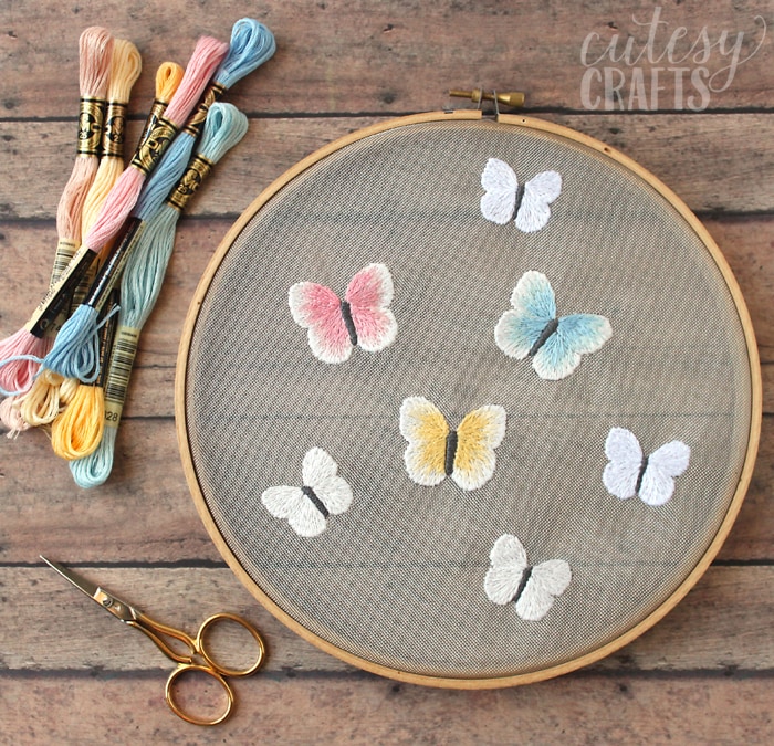 Butterfly Embroidery Hoop on Mesh - Cutesy Crafts