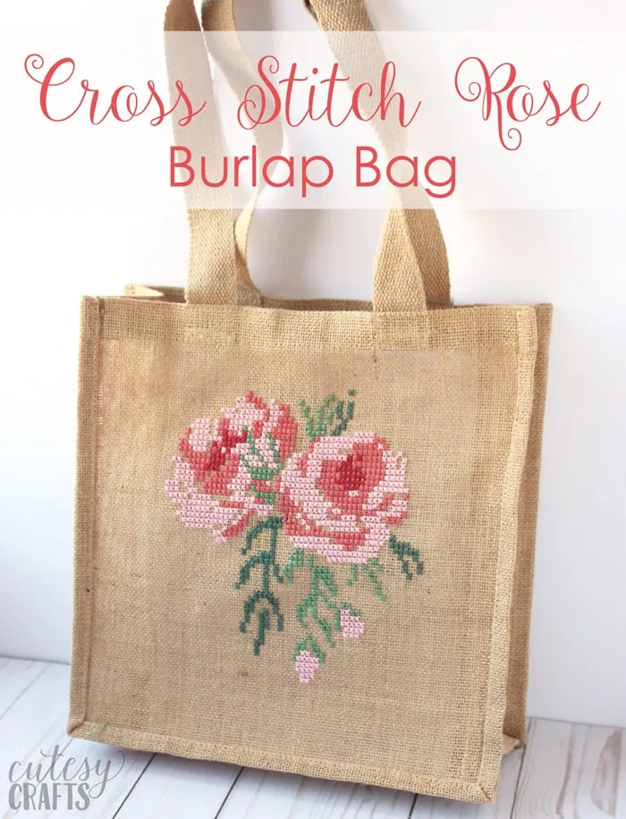 Cross Stitch Rose Burlap Bag - Cutesy Crafts