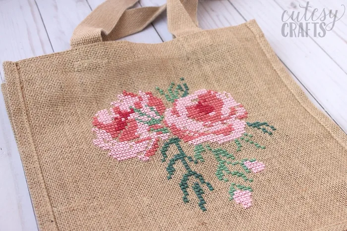 Cross Stitch Rose Burlap Bag - Cutesy Crafts