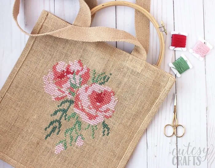 Cross Stitch Rose Burlap Bag