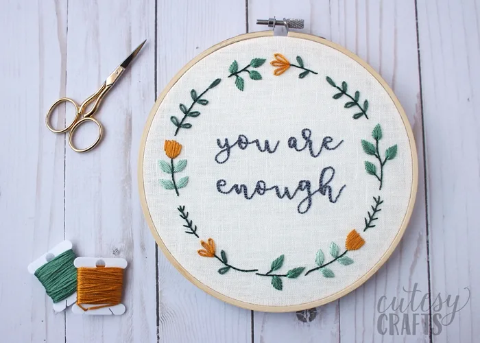 "You Are Enough" Hand Embroidered Quote with Floral Wreath
