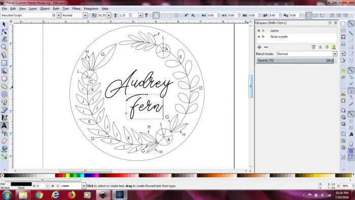 Use Inkscape to change the words on an embroidery pattern.