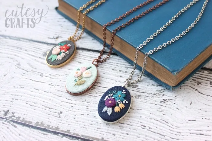 Flower Embroidery Necklace Embroidered Pendant Gift for Her 